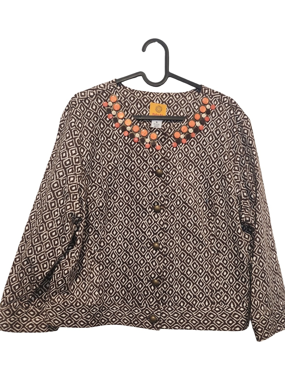 Ruby Rd. Brown & Cream Geometric Button-Front Top with Coral Beaded Neckline